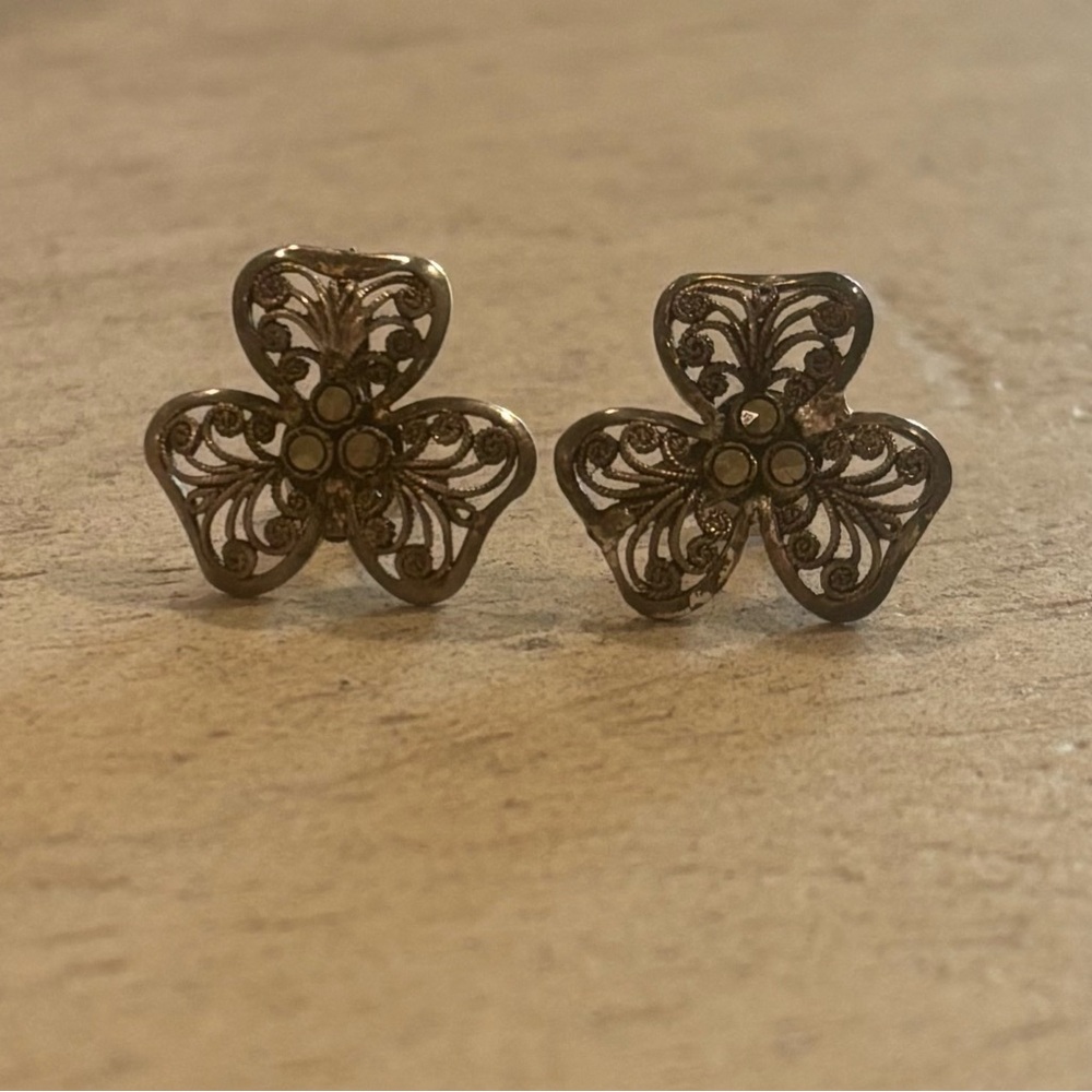 Sterling Marcasite Pierced-Gold Post Earrings